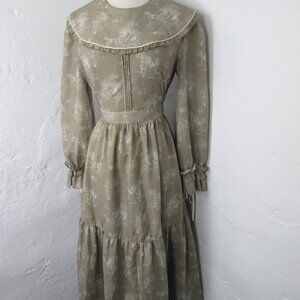 New Simple Retro Taupe Beige Provencal Toile Print Midi Dress Size M